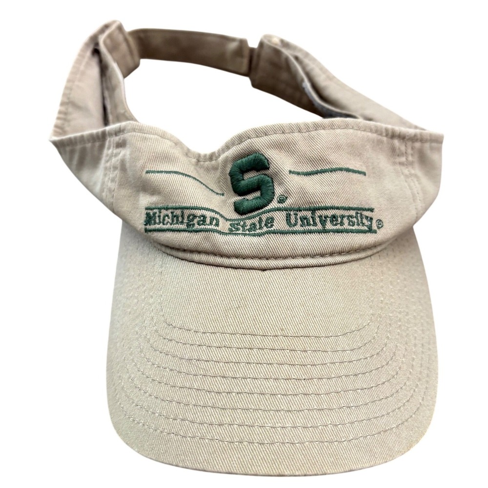 Vintage 1995 Michigan State Spartans Visor Hat The Game Khaki Bar Logo 90s MSU